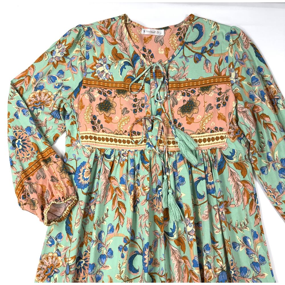 R.Vivimos sage and peach Sz 6 floral boho long-sleeve midi dress - Picture 4 of 13